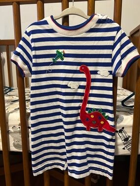 Striped Blue & White Kids Dino Appliqué Romper